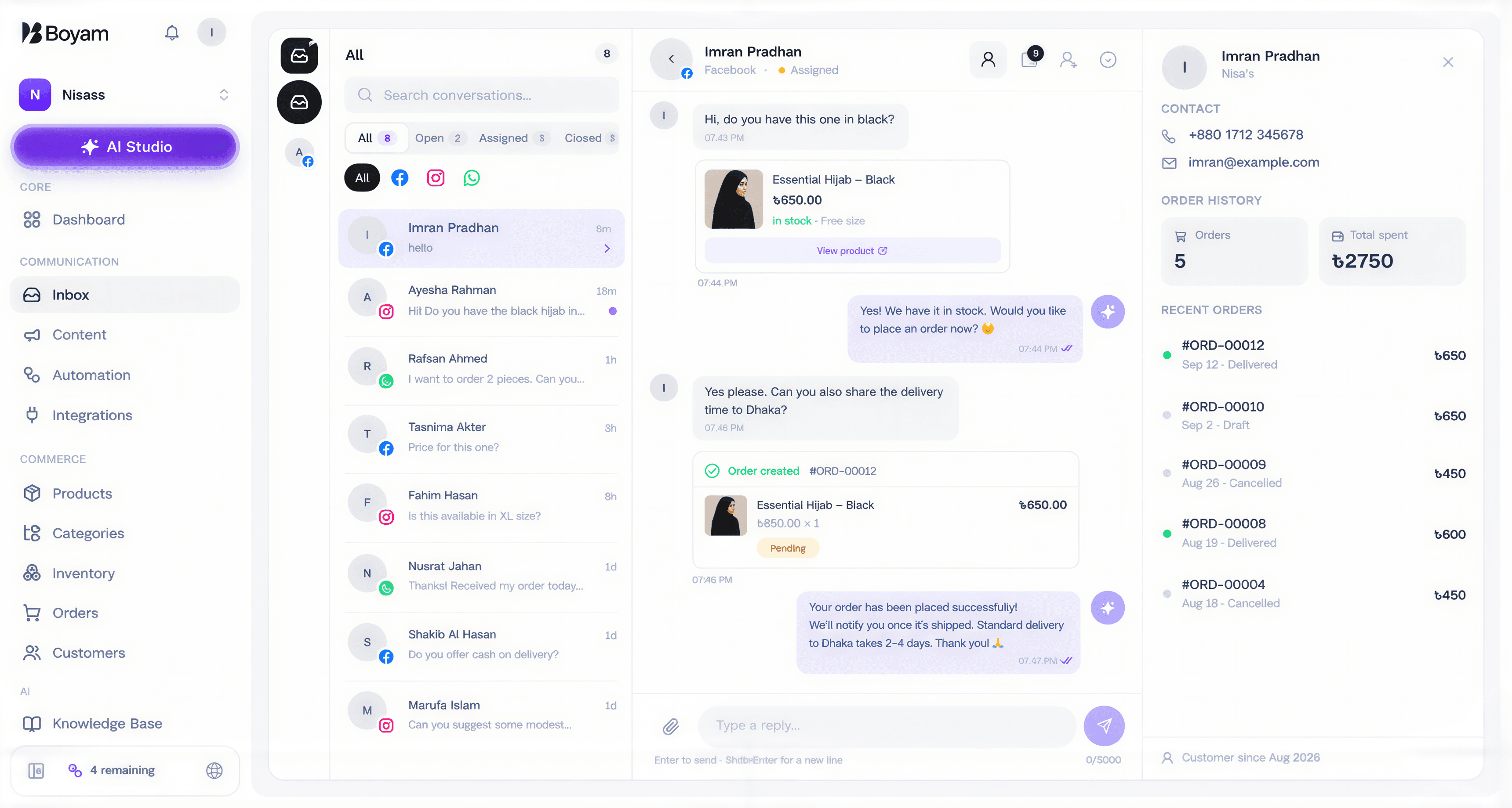 Boyam inbox: conversations, AI replies, draft orders and customer profiles in one workspace